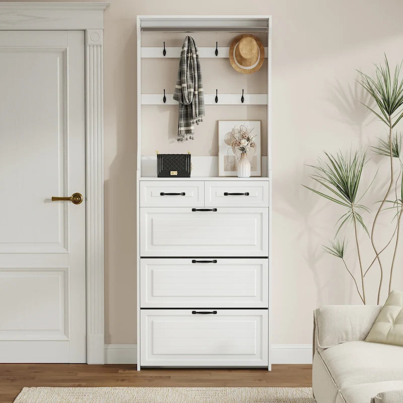NOUVEAU meuble à chaussures blanc avec 3 portes, 2 tiroirs et cintre, grand espace de rangement