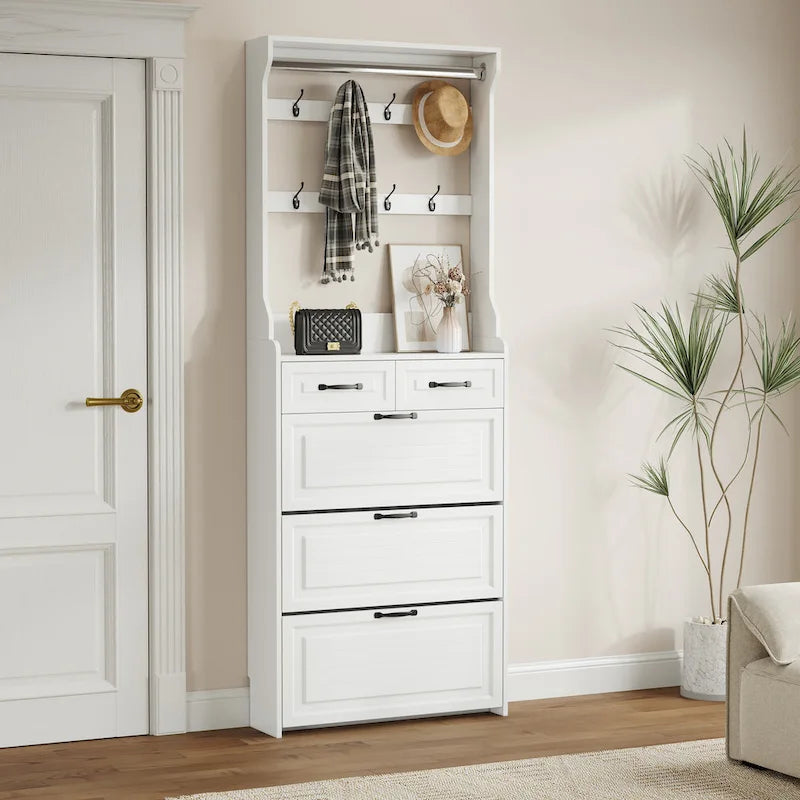 NOUVEAU meuble à chaussures blanc avec 3 portes, 2 tiroirs et cintre, grand espace de rangement