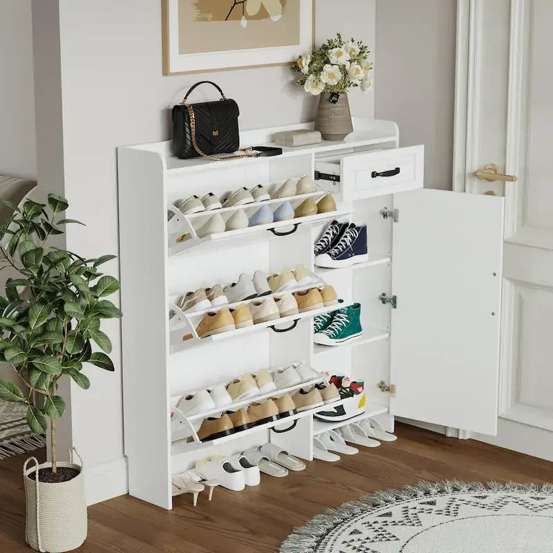 Meuble à chaussures blanc avec 4 portes et 1 tiroir