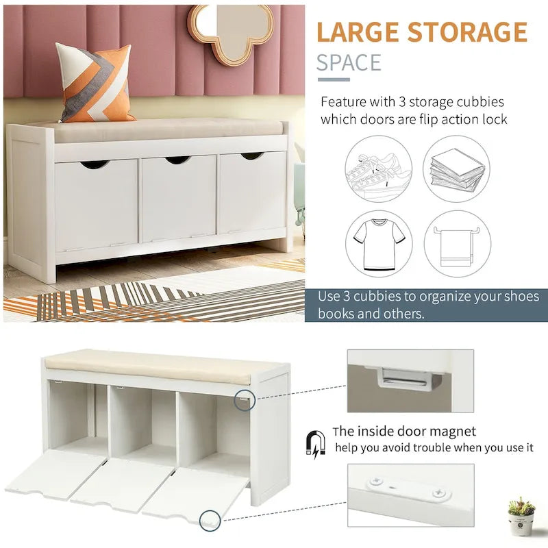 Storage Bench with Removale Cushion and 3 Flip Lock Storage
