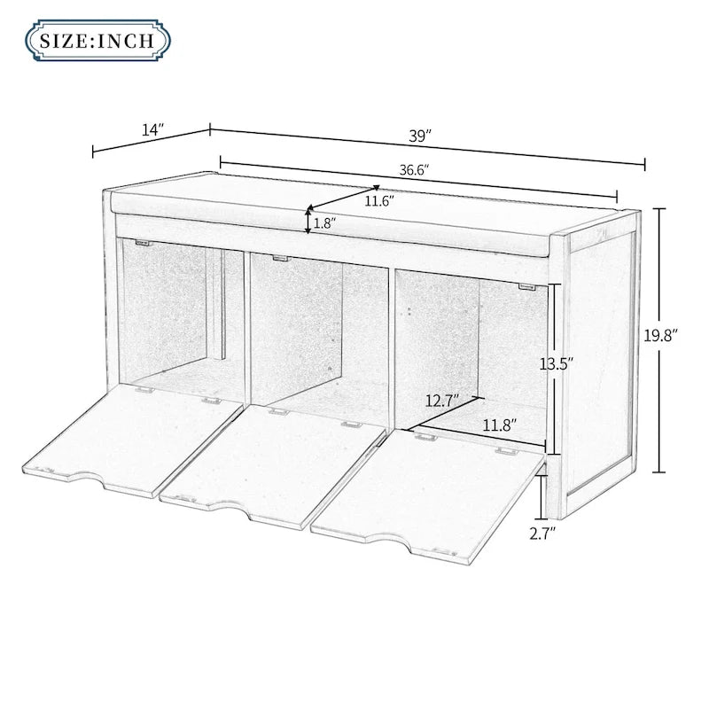 Storage Bench with Removale Cushion and 3 Flip Lock Storage
