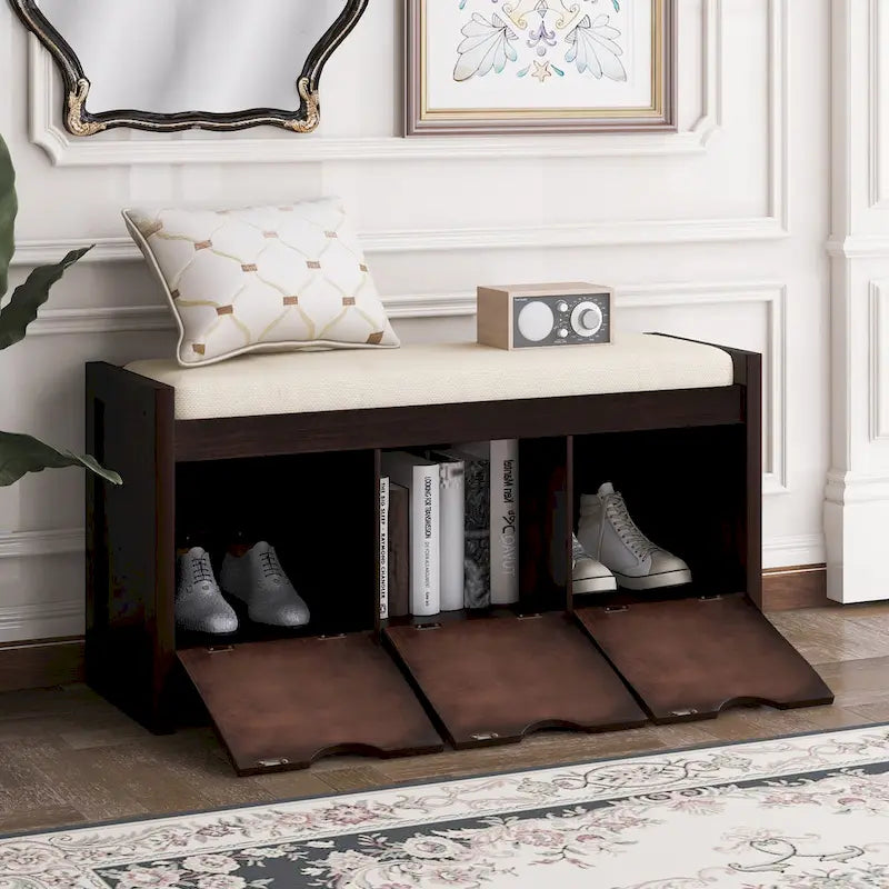 Storage Bench with Removale Cushion and 3 Flip Lock Storage