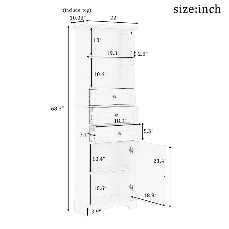 Modern White Storage Cabinet with 3 Drawers and Adjustable Shelves for Bathroom, Kitchen and Living Room