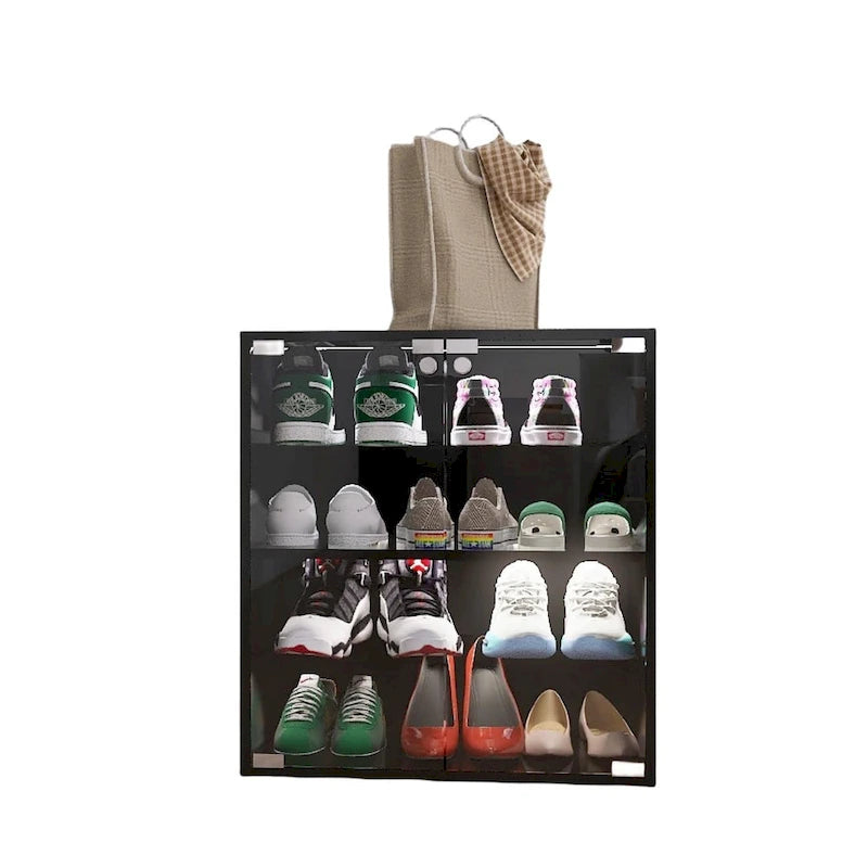 Schwarzer Schuhschrank mit 4 Ebenen, Glastür und Glasböden, Schuhvitrine mit LED-Beleuchtung und Bluetooth-Steuerung