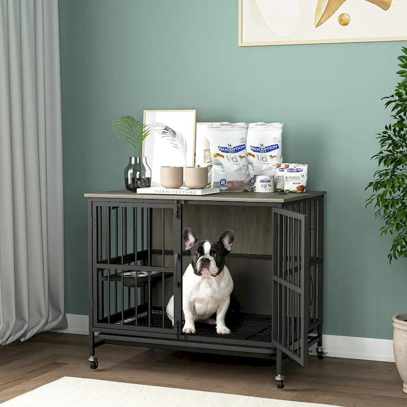 Hundebox-Möbel mit herausnehmbarem Tablett, Doppeltür-Haus, aufklappbarer Front, 360-Grad-Drehung, 3-fach höhenverstellbaren Futternäpfen