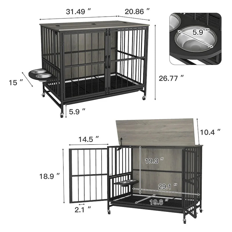 Hundebox-Möbel mit herausnehmbarem Tablett, Doppeltür-Haus, aufklappbarer Front, 360-Grad-Drehung, 3-fach höhenverstellbaren Futternäpfen
