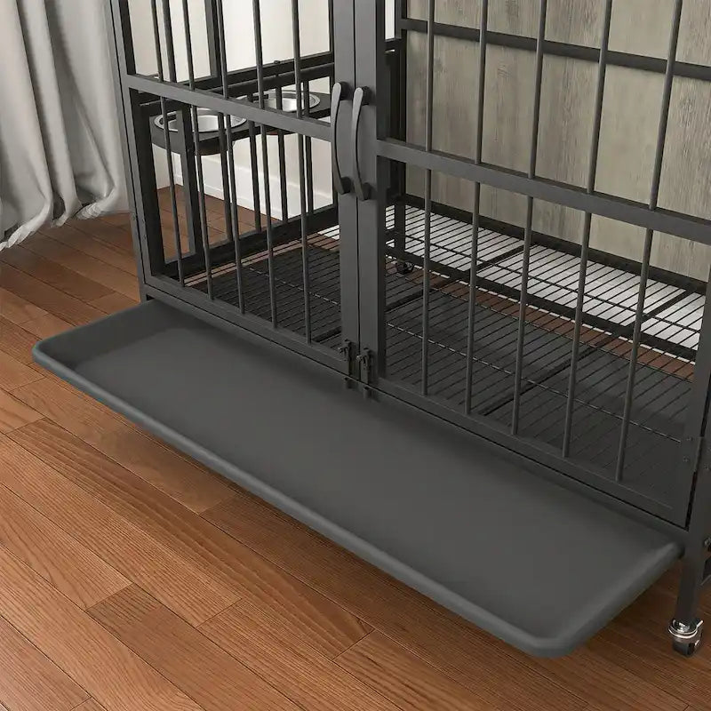 Hundebox-Möbel mit herausnehmbarem Tablett, Doppeltür-Haus, aufklappbarer Front, 360-Grad-Drehung, 3-fach höhenverstellbaren Futternäpfen