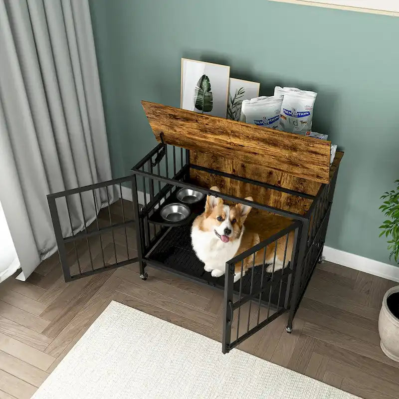 Hundebox-Möbel mit herausnehmbarem Tablett, Doppeltür-Haus, aufklappbarer Front, 360-Grad-Drehung, 3-fach höhenverstellbaren Futternäpfen