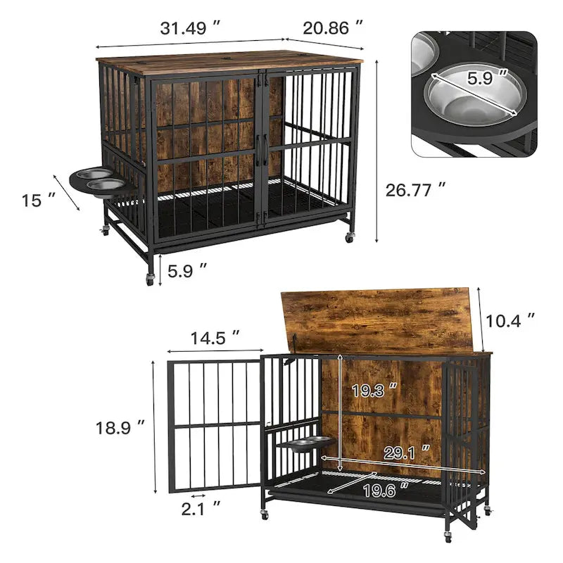 Hundebox-Möbel mit herausnehmbarem Tablett, Doppeltür-Haus, aufklappbarer Front, 360-Grad-Drehung, 3-fach höhenverstellbaren Futternäpfen