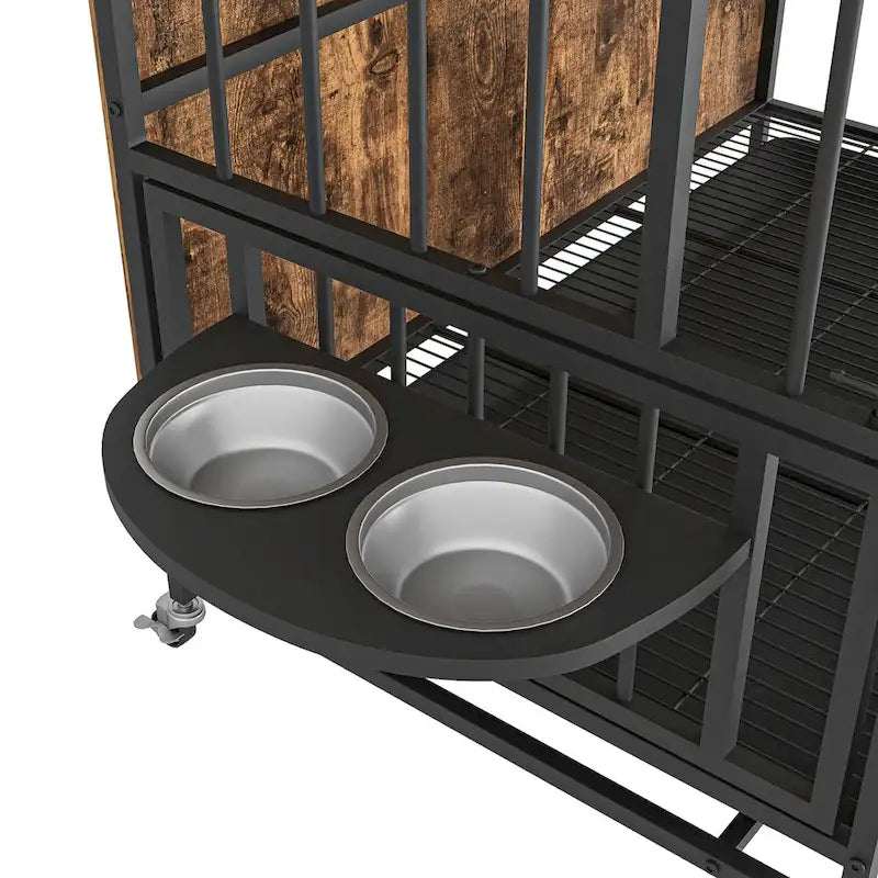 Hundebox-Möbel mit herausnehmbarem Tablett, Doppeltür-Haus, aufklappbarer Front, 360-Grad-Drehung, 3-fach höhenverstellbaren Futternäpfen