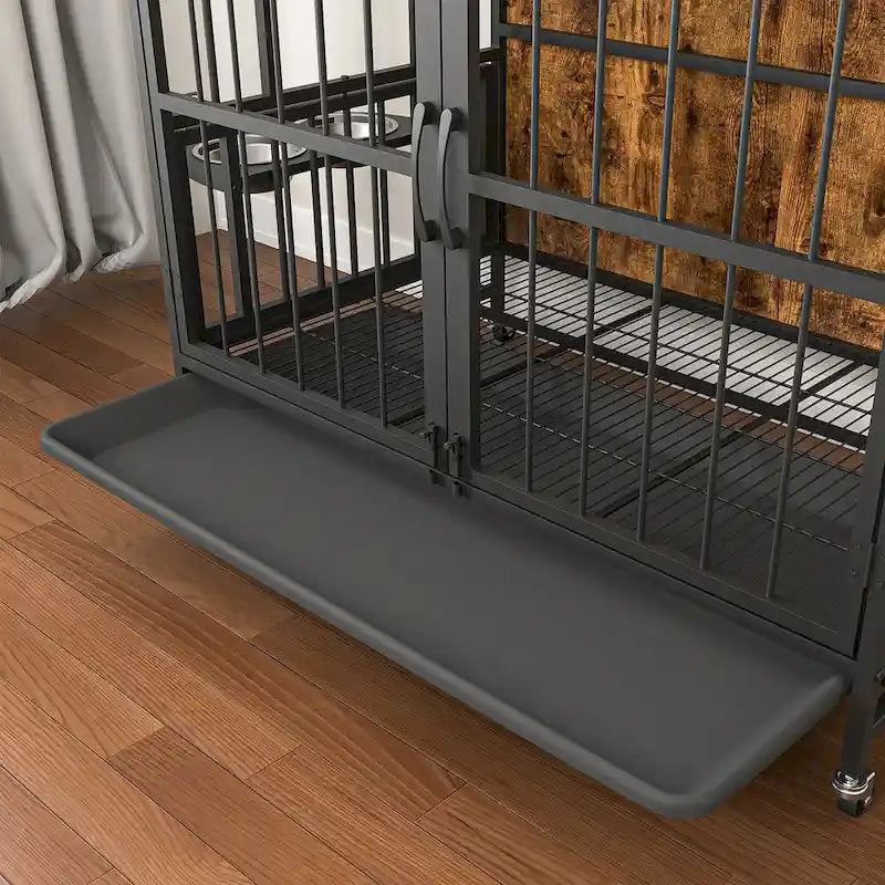 Hundebox-Möbel mit herausnehmbarem Tablett, Doppeltür-Haus, aufklappbarer Front, 360-Grad-Drehung, 3-fach höhenverstellbaren Futternäpfen