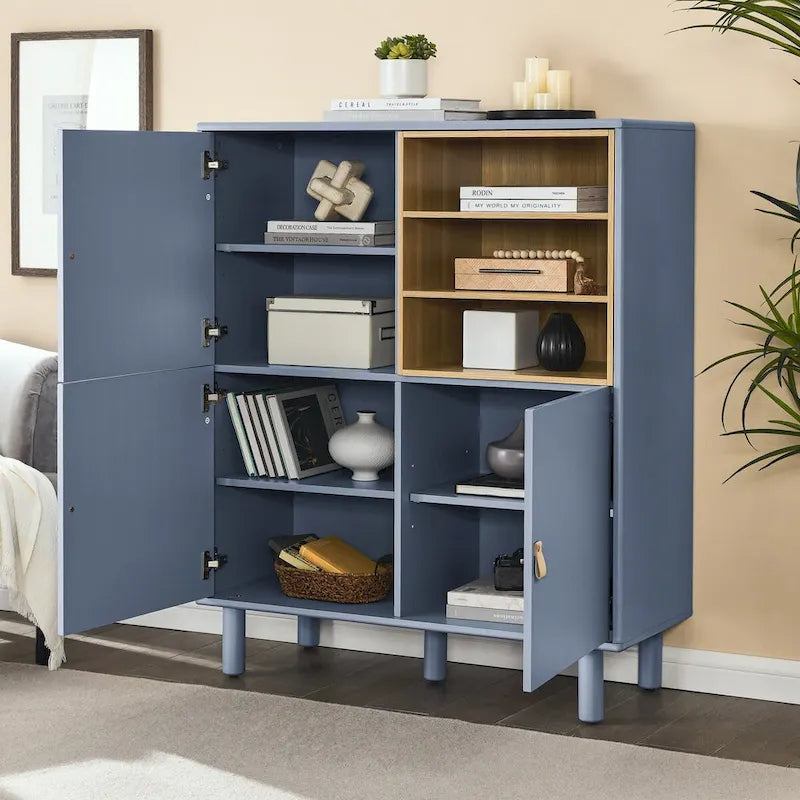 Armoire de rangement avec porte, multifonctionnelle, buffet moderne, armoire de rangement en bois, meuble à tiroirs avec poignées en cuir