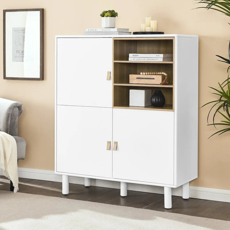 Armoire de rangement avec porte, multifonctionnelle, buffet moderne, armoire de rangement en bois, meuble à tiroirs avec poignées en cuir