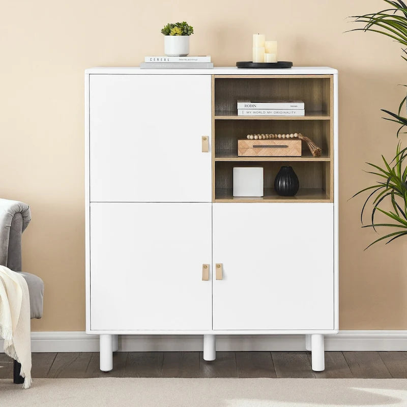 Armoire de rangement avec porte, multifonctionnelle, buffet moderne, armoire de rangement en bois, meuble à tiroirs avec poignées en cuir