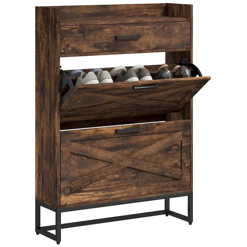 Meuble à chaussures étroit avec 2 portes basculantes et un tiroir supérieur, marron