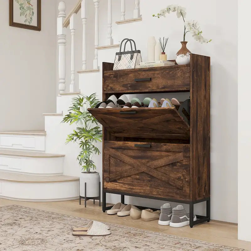 Meuble à chaussures étroit avec 2 portes basculantes et un tiroir supérieur, marron