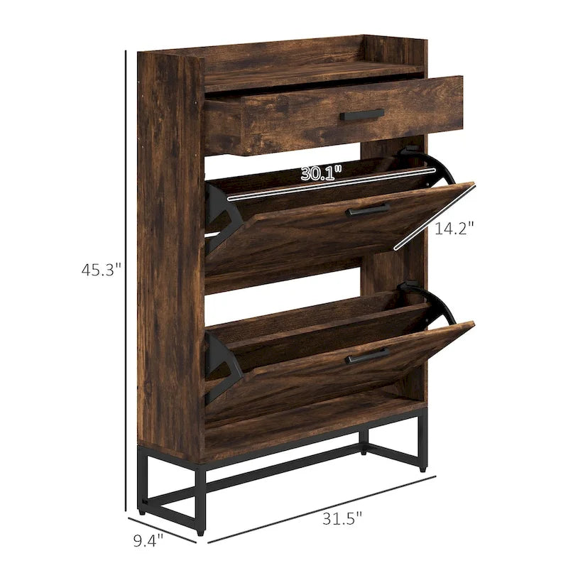 Meuble à chaussures étroit avec 2 portes basculantes et un tiroir supérieur, marron