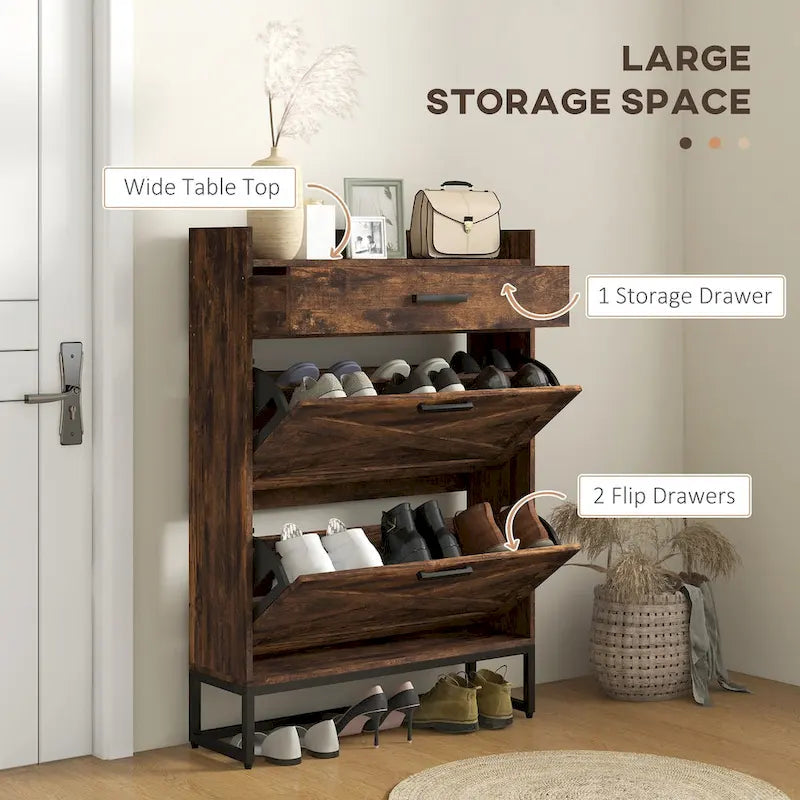 Meuble à chaussures étroit avec 2 portes basculantes et un tiroir supérieur, marron