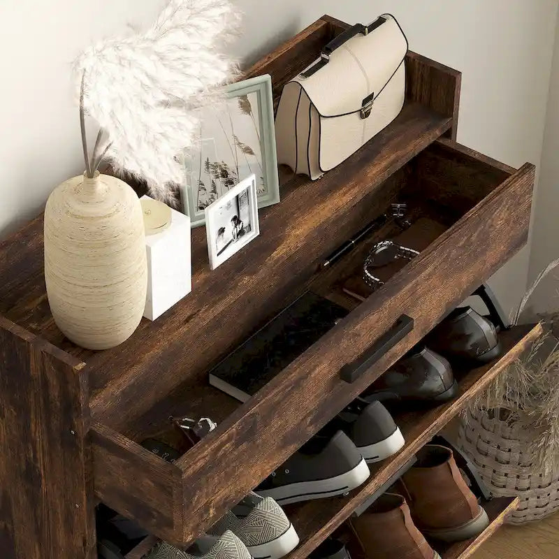 Meuble à chaussures étroit avec 2 portes basculantes et un tiroir supérieur, marron