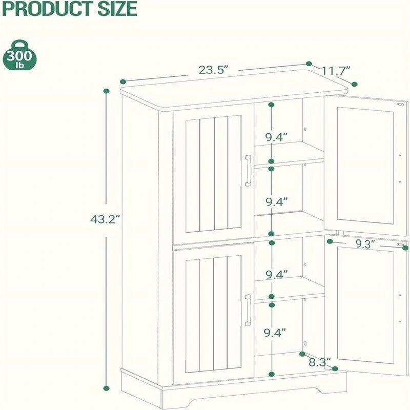 Freistehender Schrank mit 4 Türen und 2 verstellbaren Einlegeböden - 11.8D x 23.6W x 43.3H