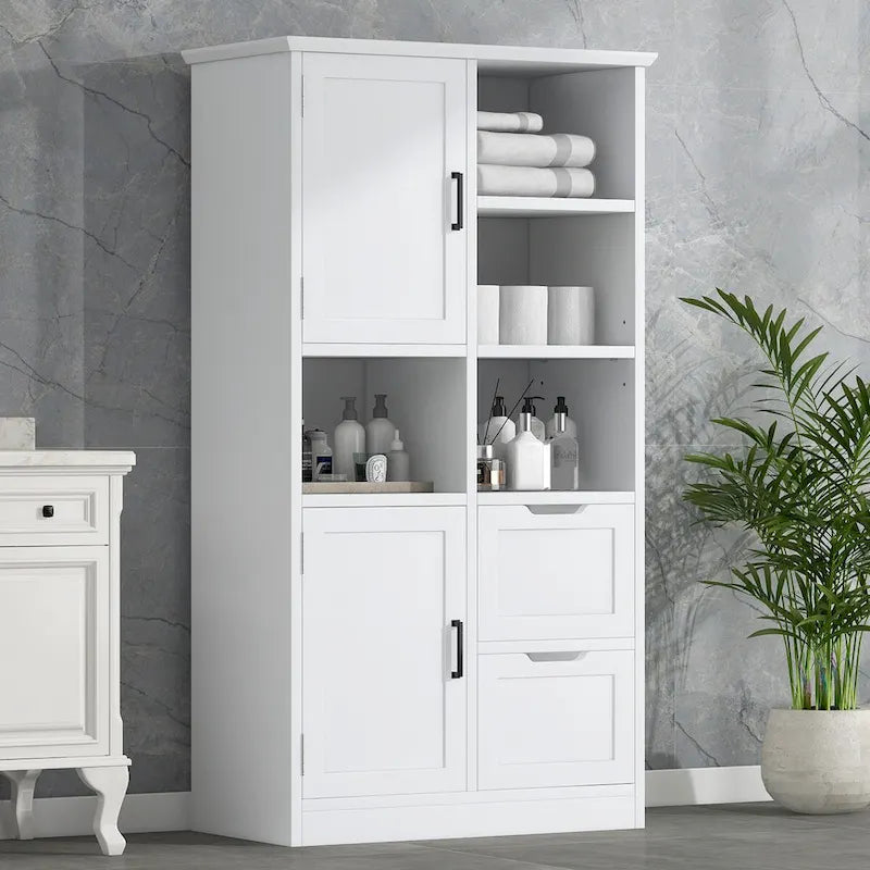 Badezimmerschrank mit Türen und Schubladen, viel Stauraum, freistehend, offene Fächer, verstellbarer Einlegeboden, Weiß