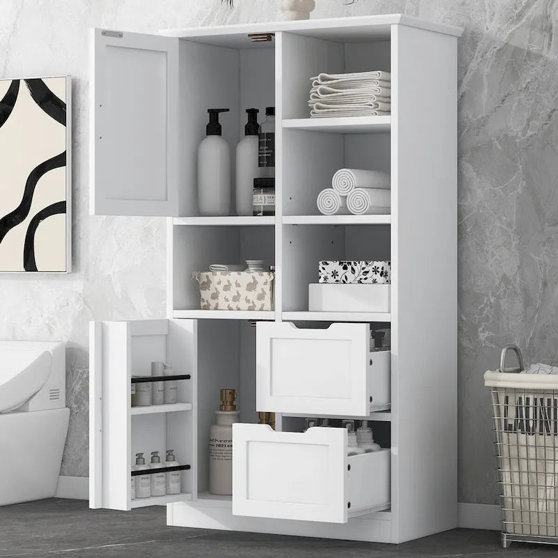 Badezimmerschrank mit Türen und Schubladen, viel Stauraum, freistehend, offene Fächer, verstellbarer Einlegeboden, Weiß