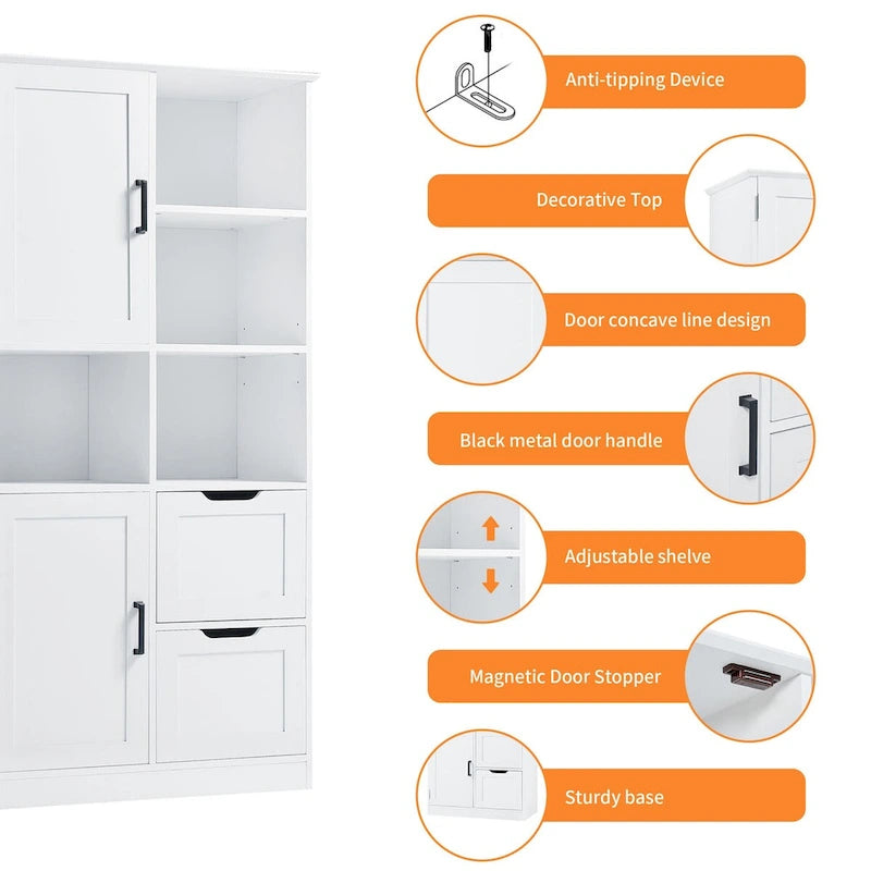 Bathroom Storage Cabinet with Doors and Drawers,Multiple Storage Space,Freestanding Style,Open Shelve, Adjustable Shelf, White