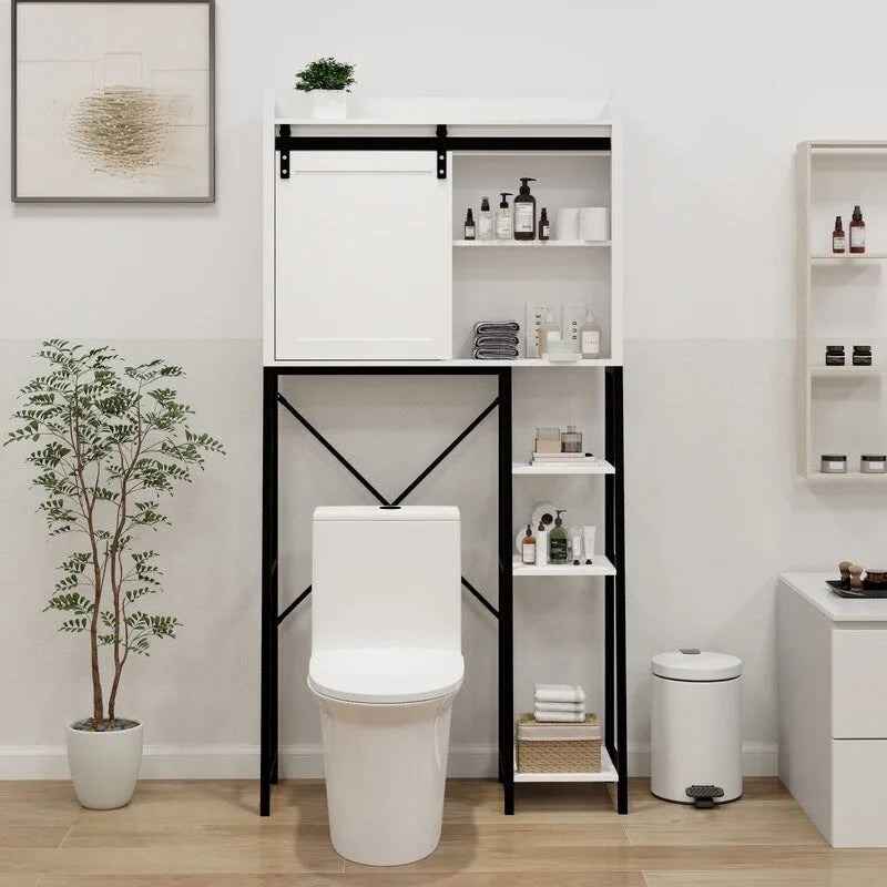 Aufbewahrungsschrank über der Toilette, Badezimmerregale über der Toilette mit Schiebetür im Scheunenstil